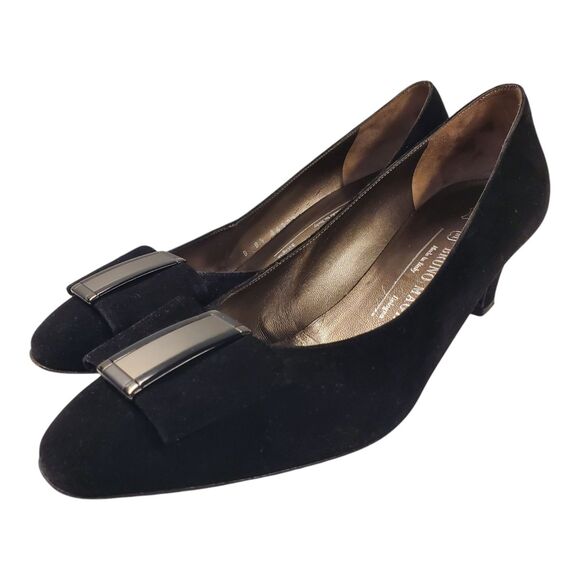 Vintage BRUNO MAGLI Shoes Womens 8.5 Black Velvet Pumps Bow Casual Formal A4729 - Picture 1 of 14